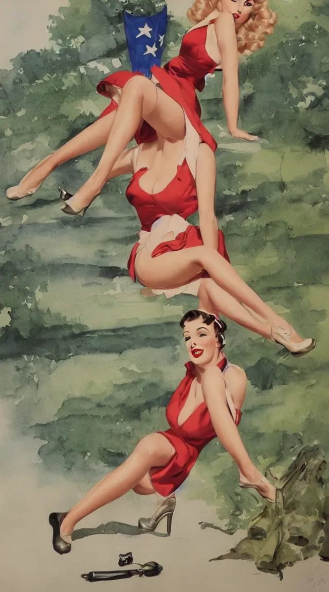 Image similar to full body pin up post war dressing a military unioform,with a park in the back ground, water color, Gil Elvgren style