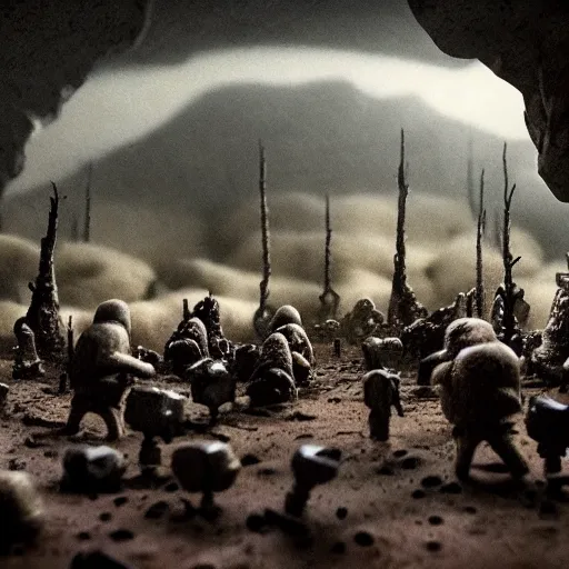 Image similar to the war between worlds extremely detailed claymation art, dark, moody, foggy