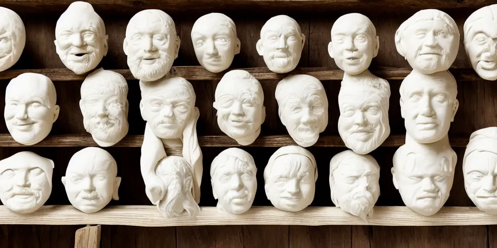 Prompt: an huge collection of assortment of white clay sculpted abstract and deformed heads on a rustic wooden beam, white matte porcelain, sculptures, museum display