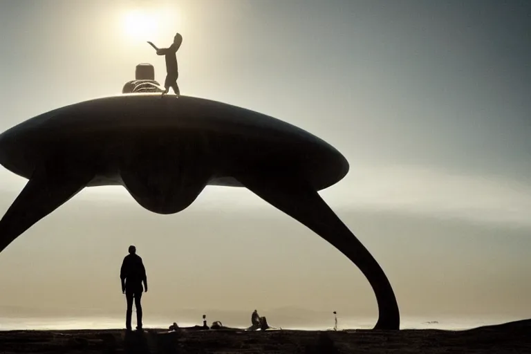 Image similar to cinematography of giant alien on Santa Monica peer By Emmanuel Lubezki