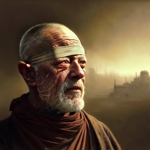 Image similar to portrait painting of a post - apocalyptic older american man blindfolded and wearing monk garbs with a scrap pauldron, ultra realistic, concept art, intricate details, eerie, highly detailed, photorealistic, octane render, 8 k, unreal engine. art by artgerm and greg rutkowski and charlie bowater and magali villeneuve and alphonse mucha