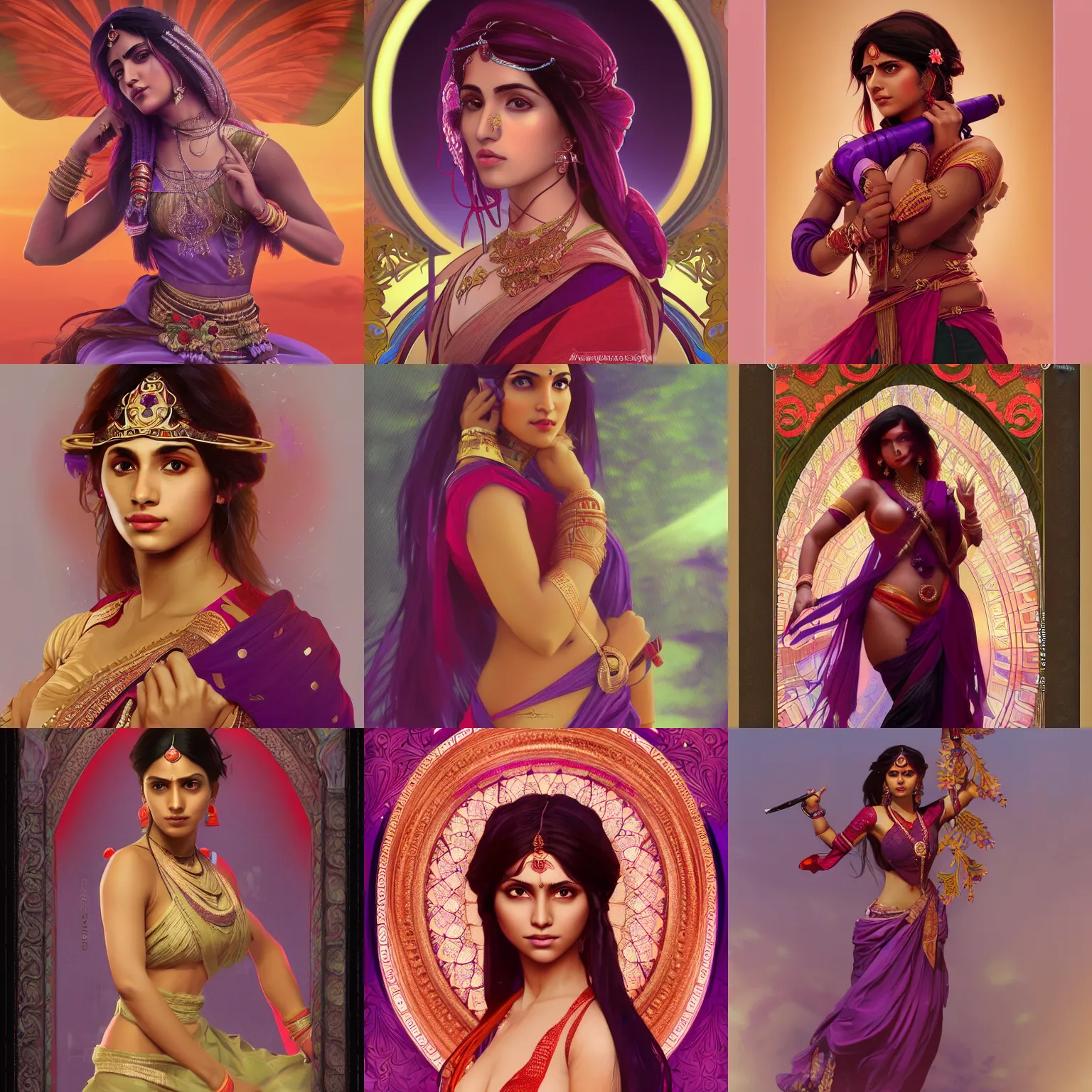 Prompt: a beautiful south asian female dressed for battle, purple and red, as seen on artgerm, octane render, in the style of alphonse mucha, ultra realistic, highly detailed, 8 k