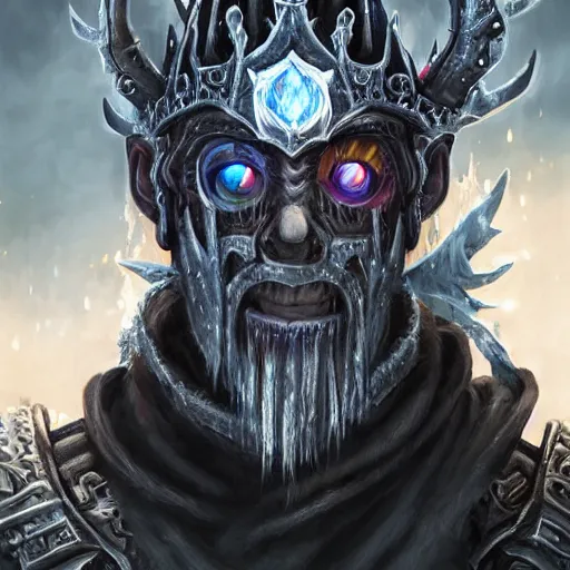 Image similar to a matte full likeness painting of travis scott face merged with the lich king wearing a crown made of ice, icey, world of warcraft, digital art, fantasy, realistic lighting, in the style of greg rutkowski