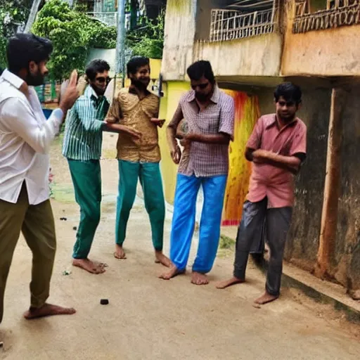 Image similar to four tamil friends playing a game of cricket, on an indian street, award winning picture, national geographic, photo realistic