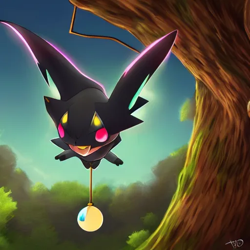 Image similar to a pokemon that looks like bat, bat hanging upside down in a tree, glowing like a light bulb, digital art. trending on art station, unreal engine.