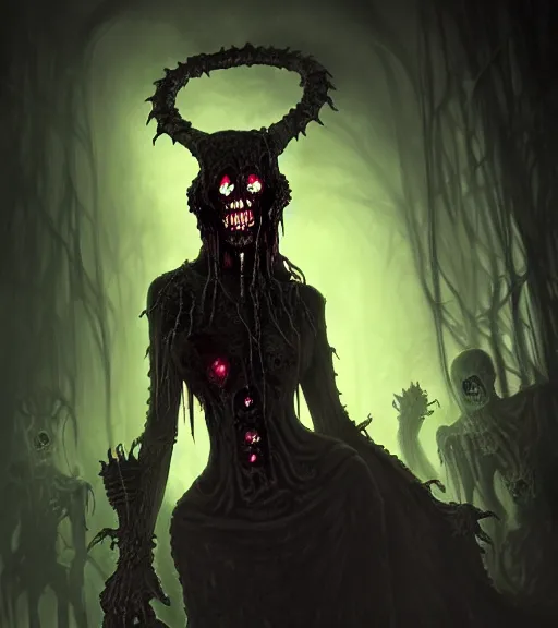 Image similar to gothic necrolord female with zombie servents, digital painting, liminal eerie midnight backlit, a picture taken by Michael Komarck and Daniel Ljunggren