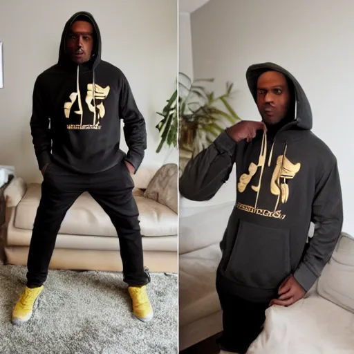 Image similar to cool black guy, wearing a golden kappa hooded sweatshirt, photo inside apartment, digital camera