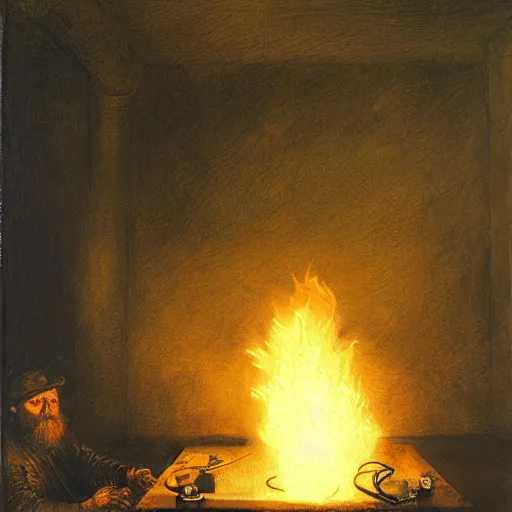 Prompt: nicolas lutz djs in hell. painting, realistic, panorama, rembrandt, dark, fire, sharp focus, radiant light