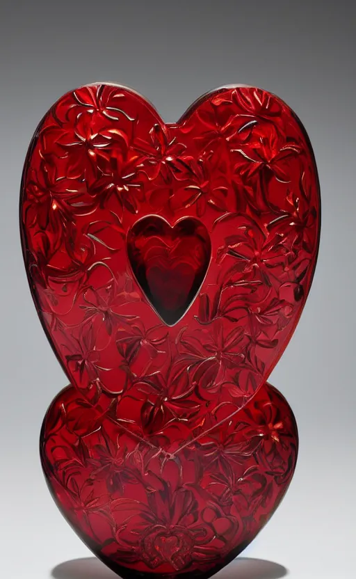 Image similar to a vase in the shape of a heart with red accents designed by versace, with some flowers