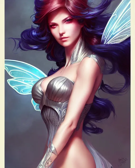 Prompt: 3 / 4 view of a woman with fairy wings, confident pose, pixie character, video game genshin impact, manga cover, intricate, elegant, sharp focus, illustration, highly detailed, concept art, matte, magali villeneuve, artgerm, trending on artstation