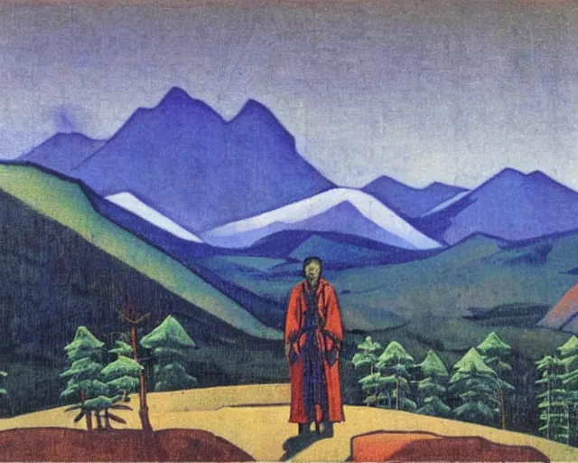 Image similar to ancient godzilla standing in front of altai forest, painting by roerich