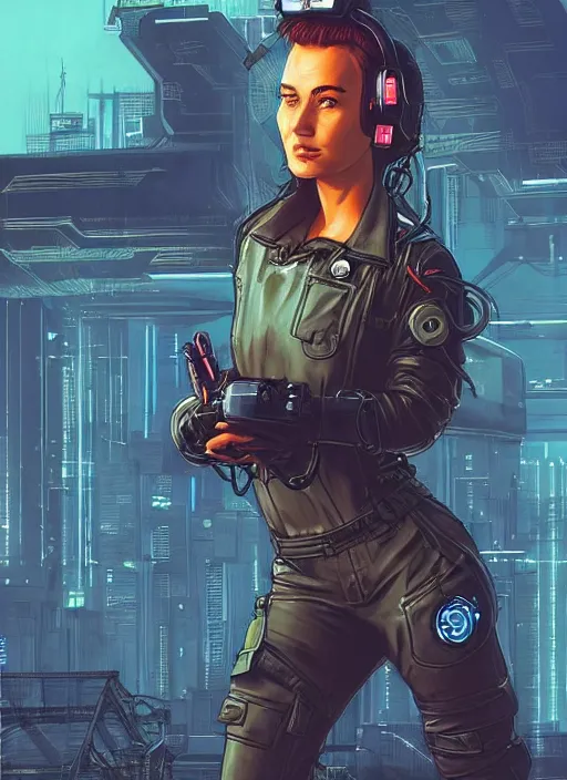 Prompt: Feminist Maria. Gorgeous female cyberpunk mechanic wearing a cyberpunk headset, military vest, and pilot jumpsuit. gorgeous face. Realistic Proportions. Concept art by James Gurney and Laurie Greasley. Moody Industrial skyline. ArtstationHQ. Creative character design for cyberpunk 2077.