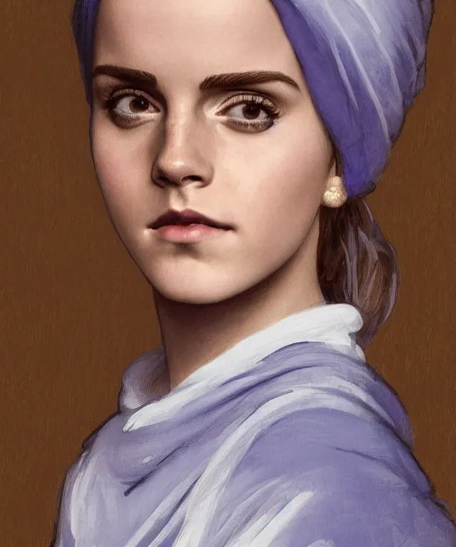 Image similar to Emma Watson as the girl with the pearl earring, highly detailed, digital painting, artstation, concept art, smooth, sharp focus, illustration, ArtStation, art by artgerm and greg rutkowski and alphonse mucha and J. C. Leyendecker and Edmund Blair Leighton and Katsuhiro Otomo and Geof Darrow and Phil hale and Ashley wood and Ilya repin and Charlie Bowater