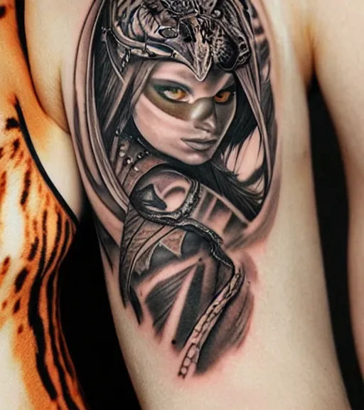 Prompt: tattoo design on white background of a beautiful girl warrior under a tiger head, hyper realistic, realism tattoo, by eliot kohek, beautiful eyes, realistic face, black and white