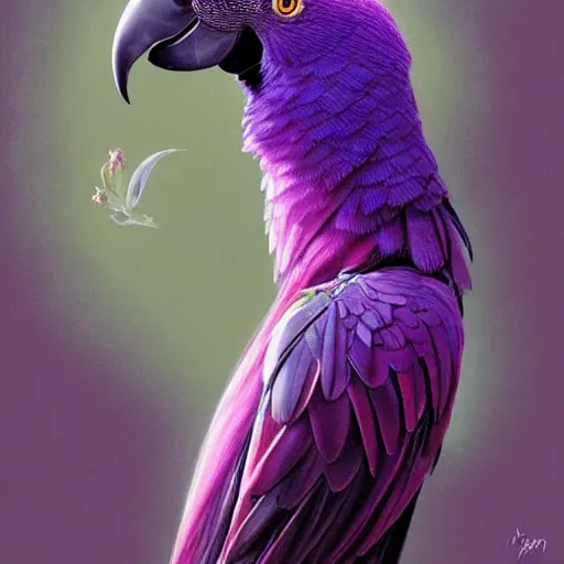 Image similar to portrait of a purple parrot, upper body, long hair, intricate, elegant, highly detailed, digital painting, artstation, concept art, matte, sharp focus, illustration, art by artgerm and greg rutkowski and alphonse mucha