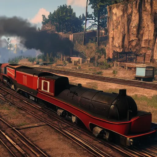 Image similar to futuristic sleek steam locomotive in red dead redemption 2