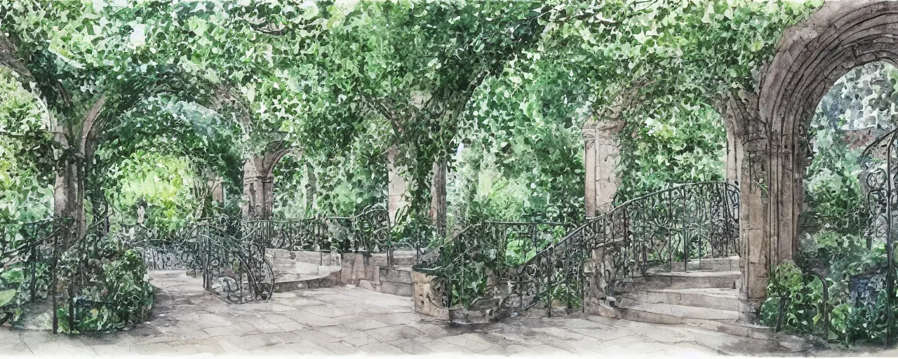 Image similar to isomeric view, stairway, chairs, wrought iron gates, tree, delicate water in a botanic garden, garden road, temple in a botanical herbarium paper, watercolor colored painting, iridescent colors, realistic shaded, fine details, artstation, italian style, colonnade, huge flowers, architecture