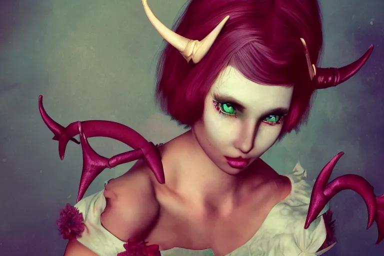 Image similar to pretty demon girl with horns photograph in the style of ray caesar, colorful, realistic, 8 k,