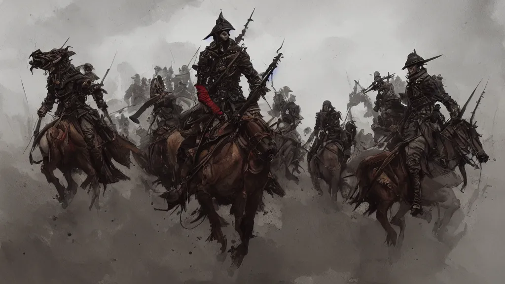 Prompt: group of dragoon riders, rule of thirds, watercolored, jakub rozalski, dark colours, dieselpunk, artstation