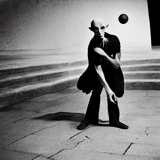 Image similar to portrait of nosferatu playing petanque, realistic photography