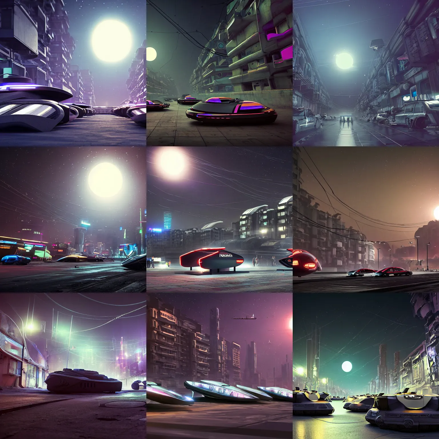 Prompt: tens of plasma hovercraft vehicles on the street in a Russian cyberpunk slum city called Neo Norilsk on the Moon, at night, diverse, lively, black sky full of stars, blinding sun, sci-fi, photorealistic, grainy, 35mm, intricate, very very beautiful, elegant, smooth, cinematic, Unreal Engine 5, trending on Artstation HD