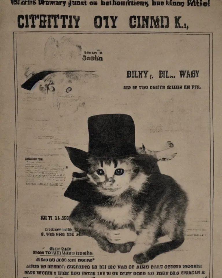 Image similar to 1865 wanted poster Wanted $1000 Reward kitten in cowboy hat Billy the Kit