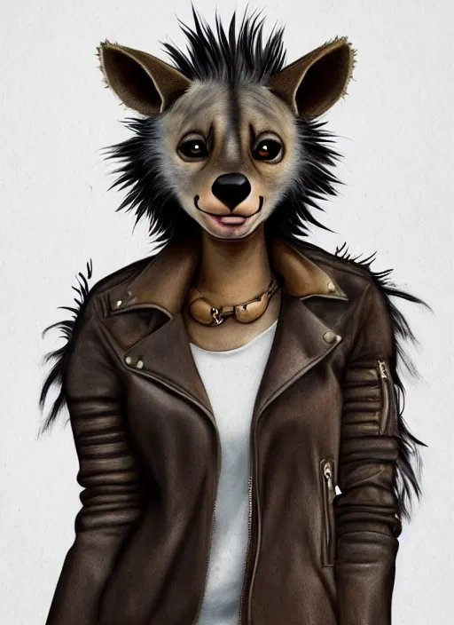 Image similar to award winning beautiful portrait commission of a female furry anthro hyena fursona with a bushy tail and a leather jacket, detailed background, urban streets, artificial lighting, cute, beautiful, attractive, detailed,