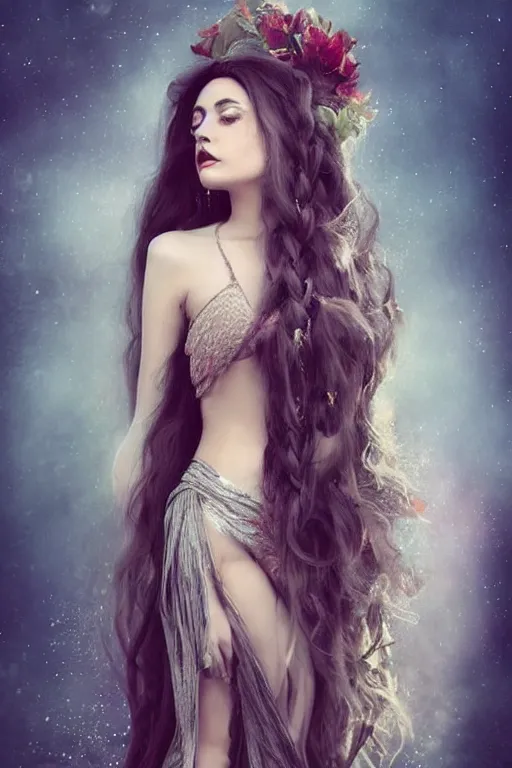 Prompt: beautiful middle eastern woman with long braided wavy black hair, full body, in the style of Anna Dittman, fashion photography, portrait