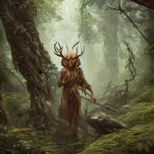 Prompt: A beautiful ultradetailed concept art of an old druid made of wood in a shady forest, concept art, 4K, by Daisuke Satake and Darek Zabrocki