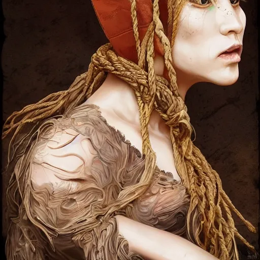 Image similar to portrait of a Shibari rope wrapped face and neck, headshot, insanely nice professional hair style, dramatic hair color, digital painting, of a old 15th century, old cyborg merchant, amber jewels, baroque, ornate clothing, scifi, realistic, hyperdetailed, chiaroscuro, concept art, art by Franz Hals and Jon Foster and Ayami Kojima and Amano and Karol Bak,