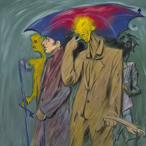 Prompt: a man holding an umbrella, a man holding an umbrella, a man holding an umbrella, a man holding an unmbrella, epic floral composition of deadly silence, intense emotion, powerful painting, gritty feeling, imagining a blissful fate, hope, anger, rage, willing, deconstructed, chaotic, expressive, neo-expressionism, by Francis Bacon, by Beksinski, by Abbas Kiarostami, by Kurosawa, by Hokusai, war photography, colorful, dreams, photojournalism