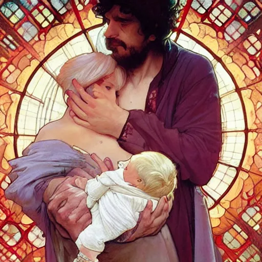 Image similar to great father of the family, his starry cloak, hugging his beautiful wife, and little glowing baby in her arms. beautiful painting by artgerm and greg rutkowski and alphonse mucha