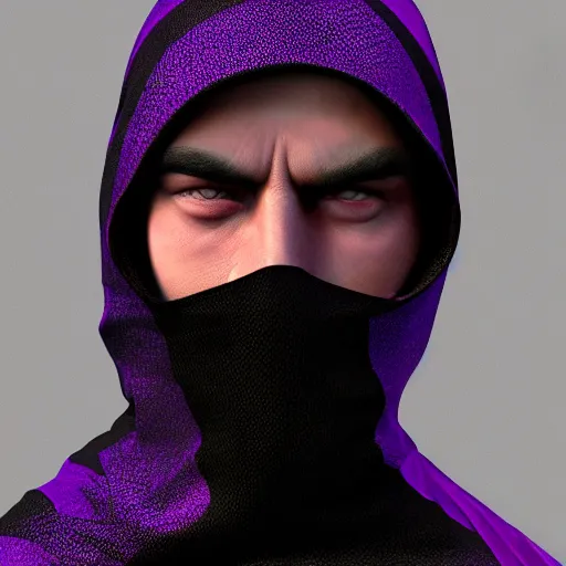 Prompt: ultra realistic illustration, man in a black hood, in a striped purple balaclava, mysterious, highly detailed, octane render, artstation, concept art, smooth, sharp focus, unreal engine 5