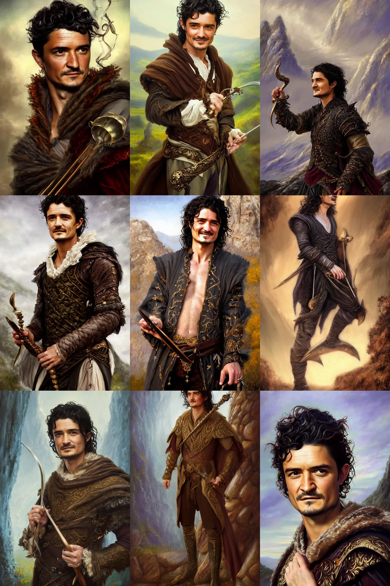 Image similar to a full body high detail fantasy portrait oil painting illustration of orlando bloom as an elegant male bard by justin sweet with face and body clearly visible, in a scenic background, striking eyes, realistic proportions, d & d, rpg, forgotten realms, artstation trending, high quality, sombre mood, artstation trending, muted colours, entire person visible!