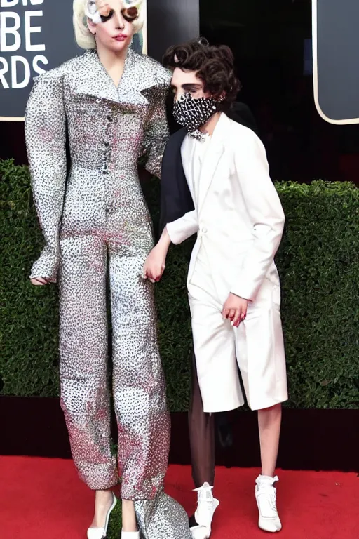 Image similar to timothee chalamet and lady gaga holding hands on the red carpet, beautiful detailed faces