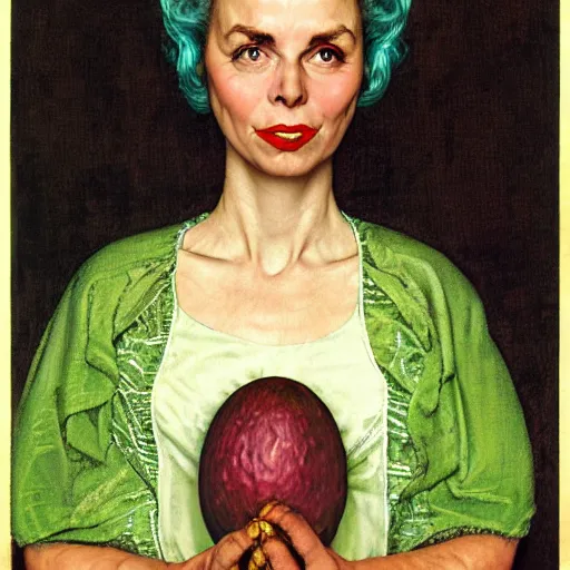 Image similar to frontal portrait of the queen of the avocado Kingdom, by Norman Rockwell and Gerald Brom