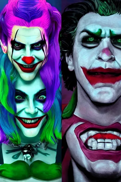 Image similar to joaquin phoenix as joker and lady gaga as harley quinn, remove duplicate content!!!!, violet polsangi pop art, gta chinatown wars art style, bioshock infinite art style, incrinate, realistic anatomy, hyperrealistic, green and purple color, white frame, content balance proportion