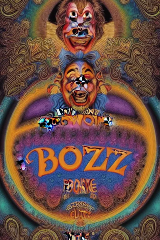 Image similar to Flowing lettering that says The Bozone, Fillmore concert poster for The Bozone by Robert Crumb, by Victor Moscoso, by Laurie Lipton, black light velvet poster, intricate paisley filigree, Bozo the clown. Clown motif, Shiny bulbous red clown nose at the center of an infinite fractal mandala tunnel of clowns, Unreal Engine, Cryengine, Artstation