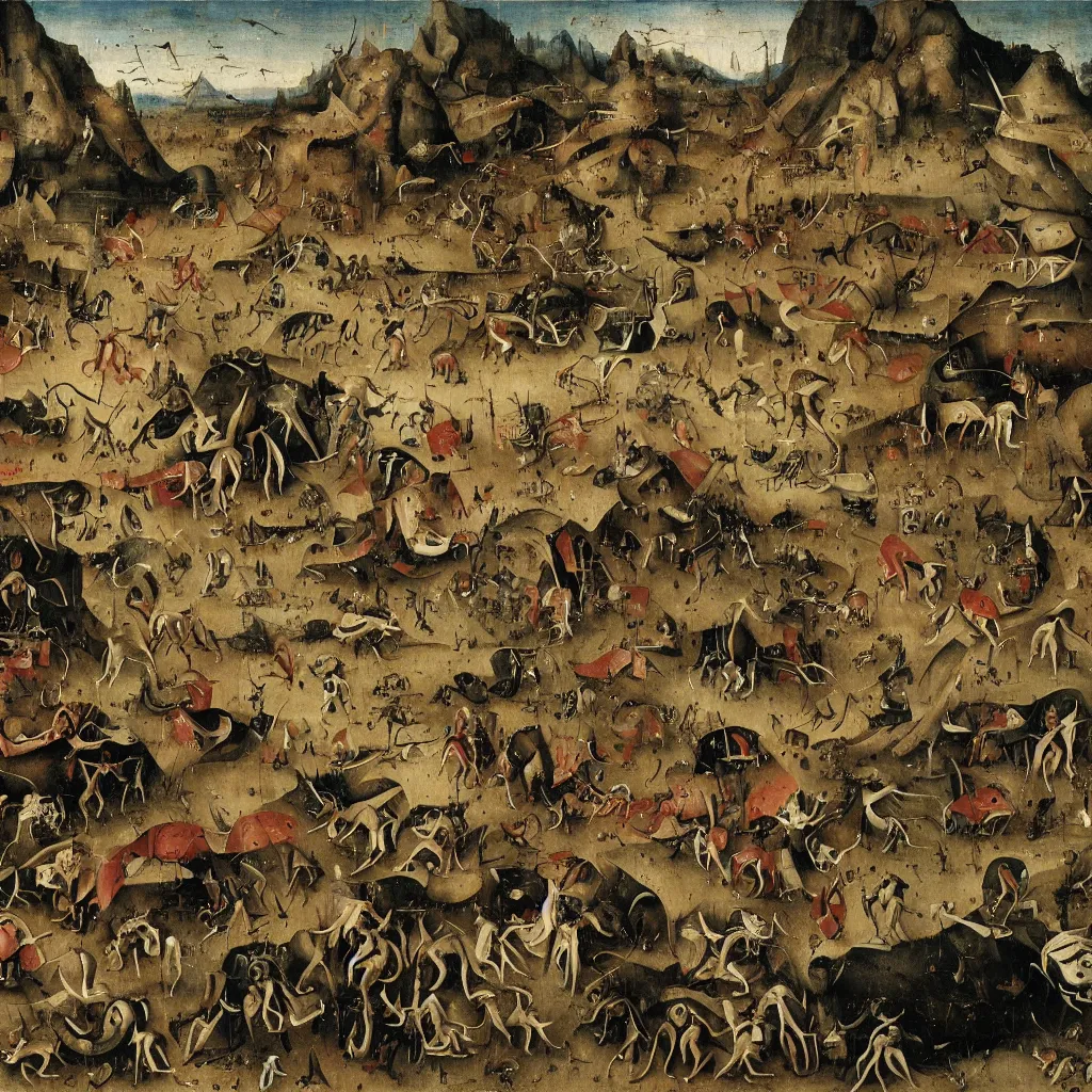 Prompt: xv century painting, boston dynamics robots fighting with giant insects, epic battlescene, 4 k, detailed, art by hieronymus bosch