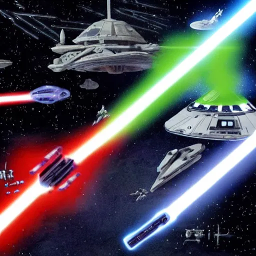 Prompt: yoda light saber fighting darth vader. bridge starship enterprise. star wars. star trek.