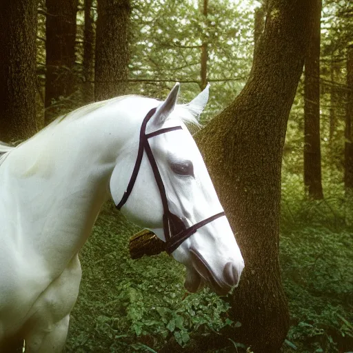 Prompt: 120mm photograph of a horse, wearing a white fly mask, forest , Photo is shot using a Rolleiflex TLR, with Kodachrome film,