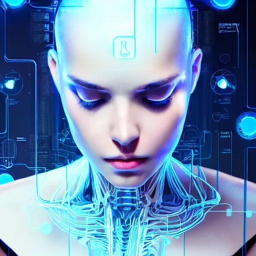 Image similar to artificial intelligence, server in the middle, deep view, heavy blue led lights, wires connected, award winning photography, extremely detailed, artstation, 8 k, sensual lighting, incredible art, wlop, artgerm