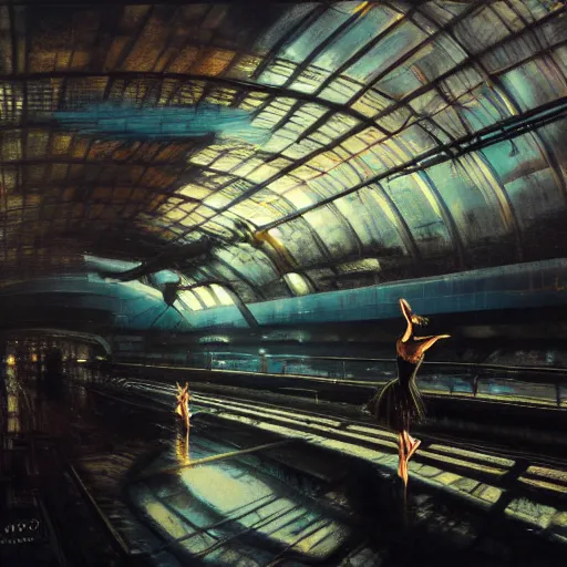 Image similar to ballet, clockwork, moment, tectonic sky, skydome, bullet train, dystopian, tech noir, wet reflections, prism, atmospheric, ambient, chiaroscuro, pj crook, syd mead, livia prima, artgerm, greg rutkowski, nick alm, casey baugh