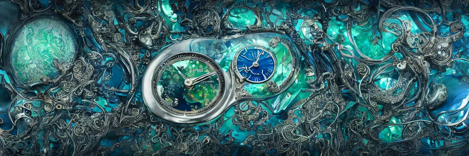 Image similar to Jaquet Droz, Tomer Hanuka, smooth liquid metal with detailed line work, Mandelblub fractal, Exquisite detail, blue neon details, green neon details, white ceramic shapes, hyper detailed, intricate illustration, steampunk, steampunk forest background, liquid polished metal, by peter mohrbacher trending on artstation, photo realistic, octane render