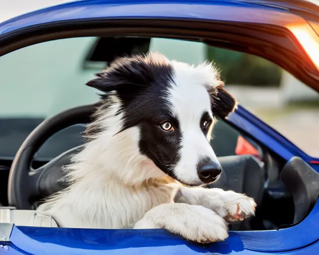 Image similar to border collie dog in the driver's seat of an orange nissan note, paws on wheel, car moving fast, rally driving photo, award winning photo, golden hour,