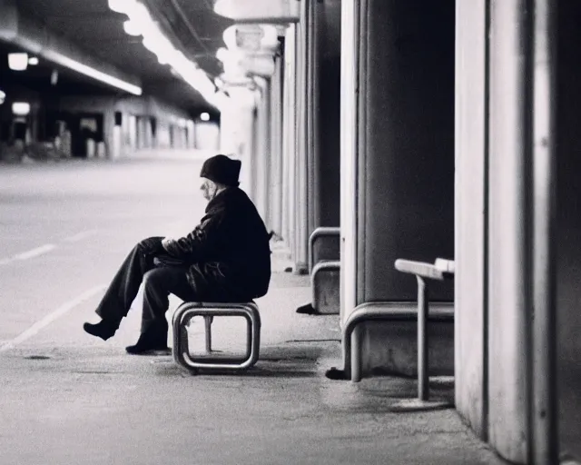 Image similar to a lomographic photo of russian lone man sitting in bus station at early evening in small town, cinestill, bokeh