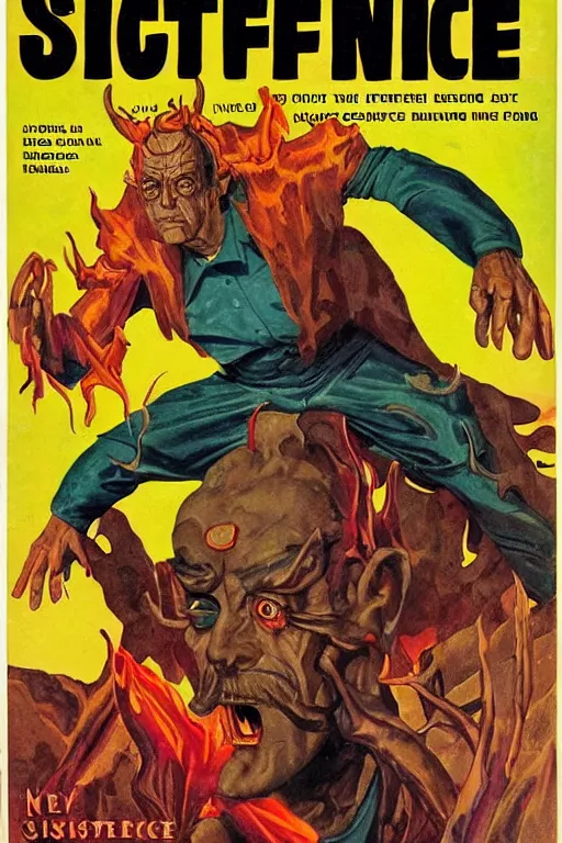 Prompt: Christopher Lloyd as Satan in retro science fiction cover by Kelly Freas (1950)