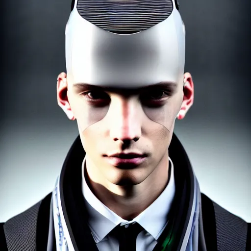 Prompt: portrait of an absurdly handsome, clean shaven, sophisticated, fashionable male cyberpunk mechanoid, hyperdetailed illustratio, matt wisniewski style, intricate linework, male fashion photography, porcelain skin, jellyfish headband, unreal engine 5 highly rendered, radiant light, detailed and intricate environment