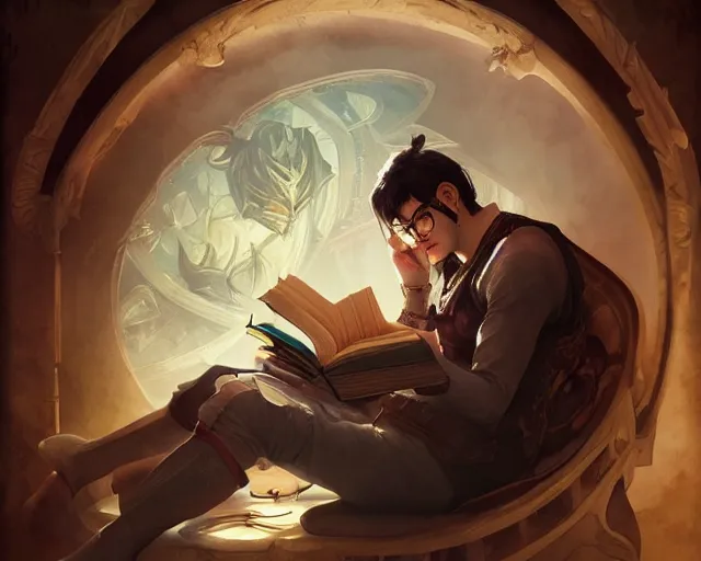 Image similar to faker reading a book, deep focus, d & d, fantasy, intricate, elegant, highly detailed, digital painting, artstation, concept art, matte, sharp focus, illustration, hearthstone, art by artgerm and greg rutkowski and alphonse mucha