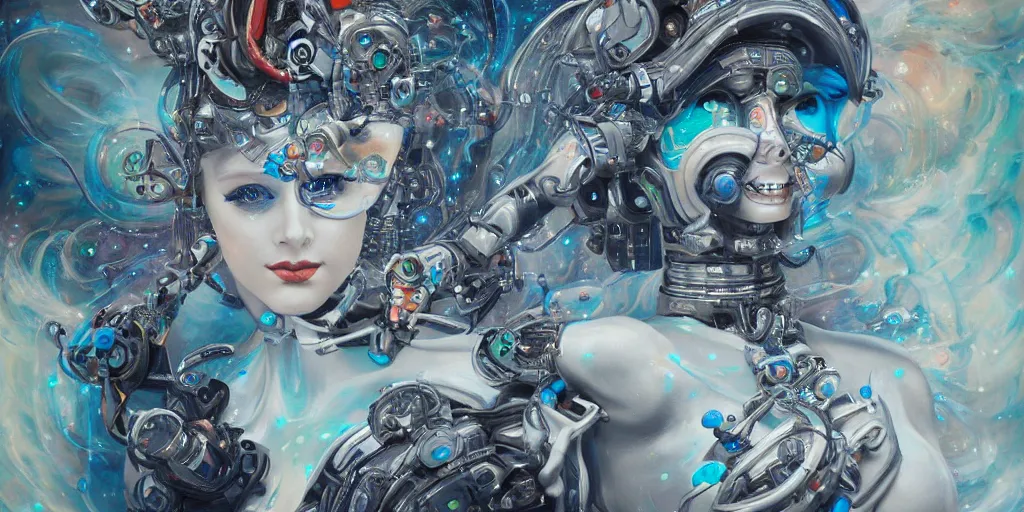 Image similar to a female robotic ai, she is painting cosmic art onto a canvas, insanely detailed and intricate, hypermaximalist, elegant, ornate, hyper realistic, super detailed, Art Deco, cinematic, trending on artstation, magic the gathering artwork, centered